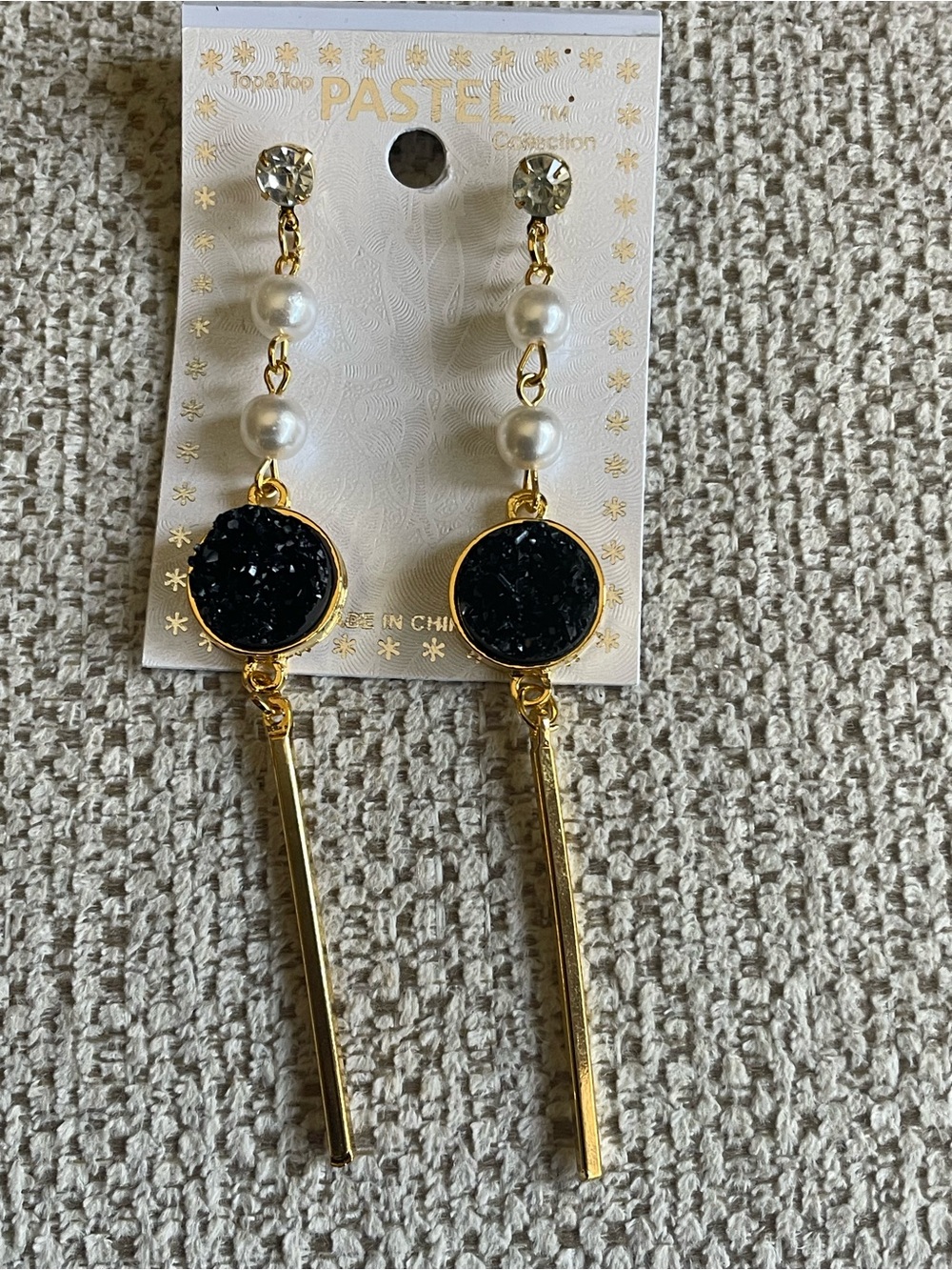 Pastels Gold Drop Earrings with Black Druzy and Pearl Beads